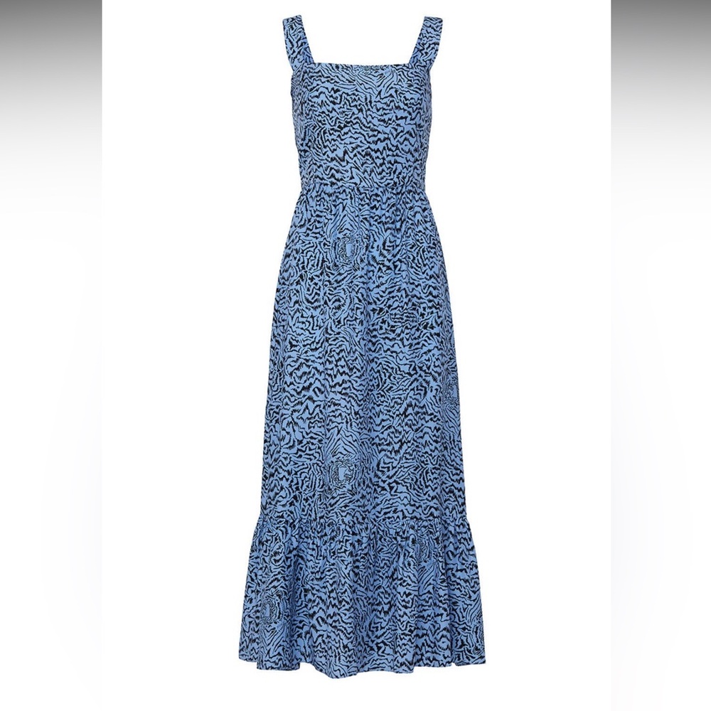 HVN Olympia Sleeveless Gown Blue Tiger Midi Silk Dress size 12